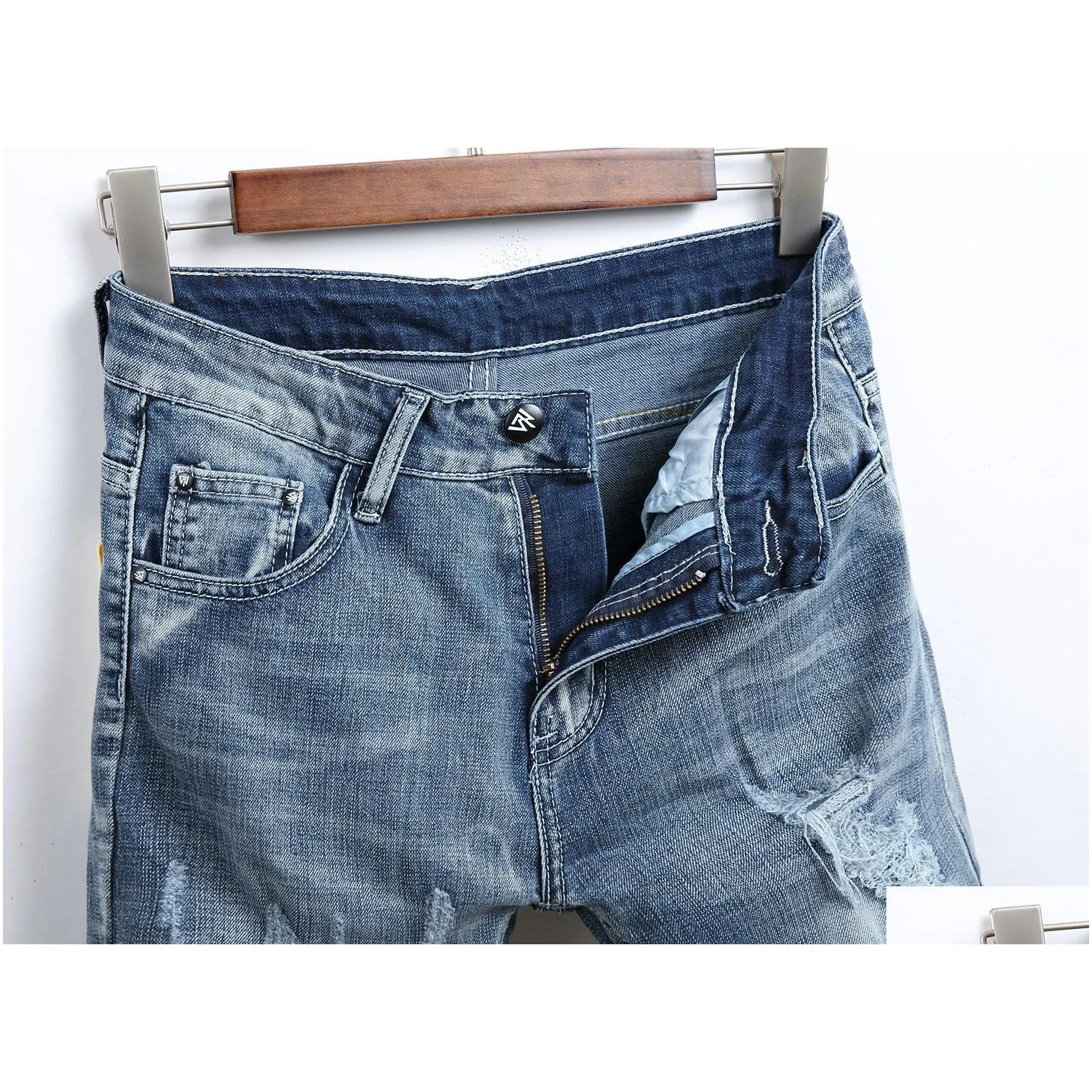 Men`S Jeans New Mens Spring And Summer Time Slim Fit Elastic Waistline Hole Fashionable Drop Delivery Apparel Clothing Dhgxs