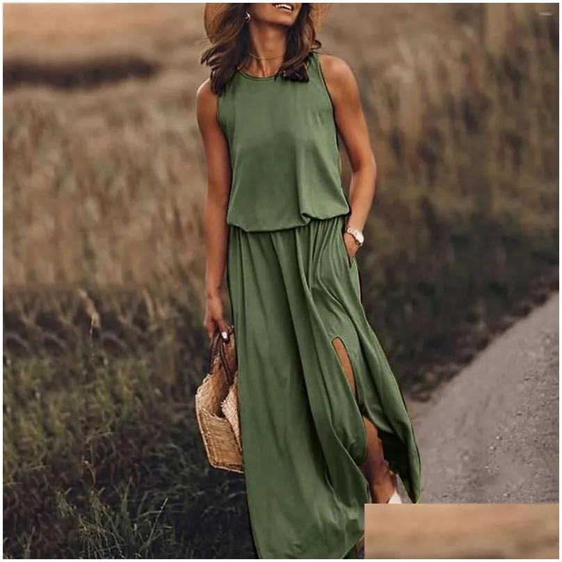 Basic & Casual Dresses Sleeveless Long Maxi Dress Women Summer Y Side Slit Designer Style Fashion Sundress Female Drop Delivery Appar Dhdyd