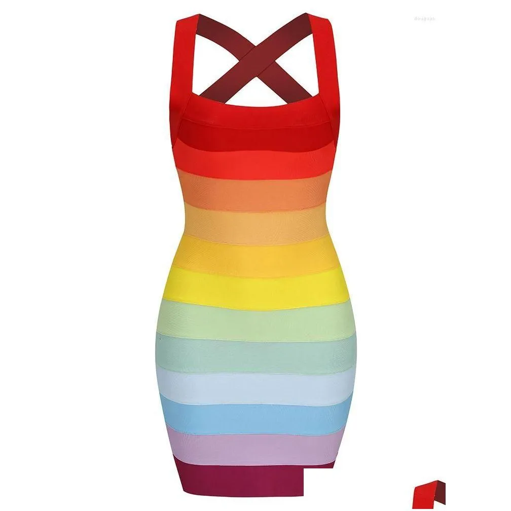 Basic & Casual Dresses Rainbow Bandage Dress Halter Backless Short Party Bodycon Elegant Y Evening Birthday Club Outfit 2023 Year Sum Dhw7M