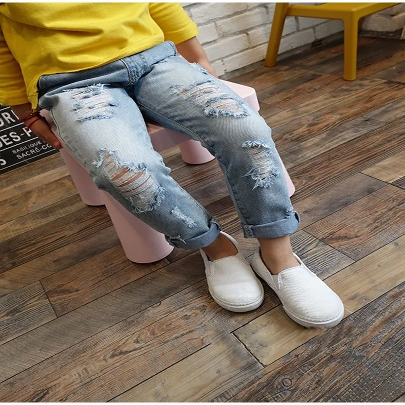 Denim Casual Ripped Pants Loose Cuffed Little Boy Girl 2022 Fashion Jeans Girls