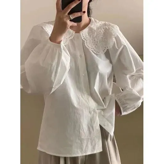 Women`s Blouses Blusas Mujer De Moda Sweet Spring White Doll Shirt Lace Embroidered Long Sleeved Top Women`s Clothing Casual