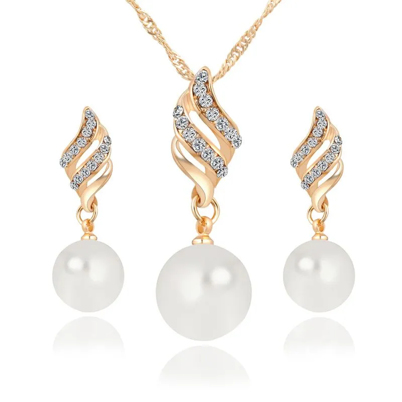 Crystal Rhinestone Jewelry Sets Bridal Wedding Silver Gold Color Fashion Imitation Pearl Stud Earrings Necklace Set for Women Girls