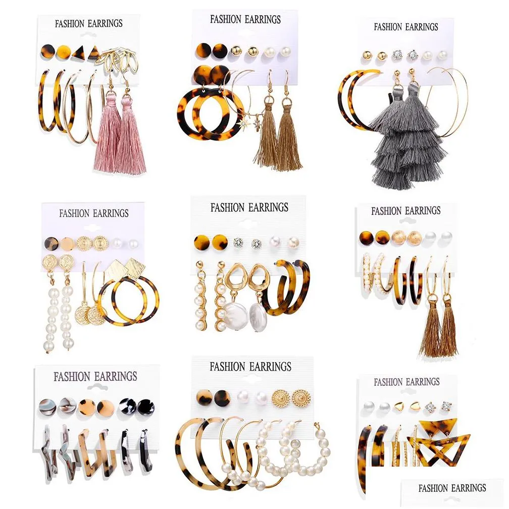 Hoop & Huggie 6-9Pcs/Set Tassel Acrylic Earrings For Women Bohemian Set Big Geometric Drop Earring 2021 Brincos Female Diy Fashion De Dhcky