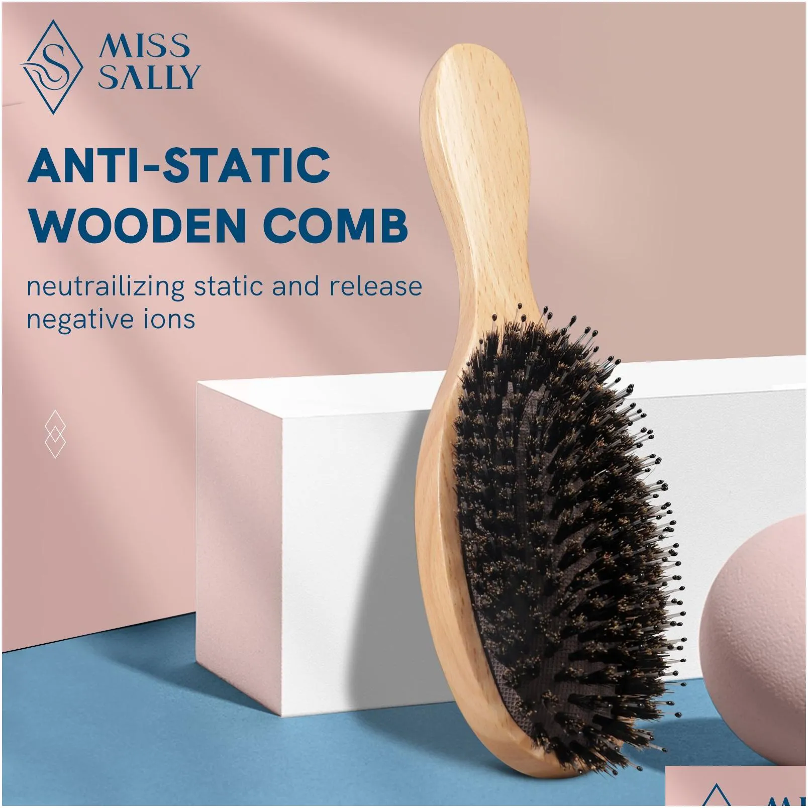 Hair Brushes Miss Sally Wooden Brush AntiStatic Scalp Massage Comb with Boar Bristle Air Cushion for Women Men Wet and Dry