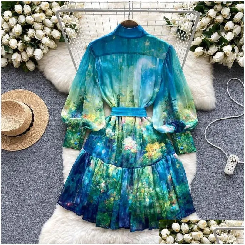 Casual Dresses Foamlina Elegant Spring Summer Floral Print Dress Women Fashion Stand Collar Long Lantern Sleeve Buttons A Line Vintage