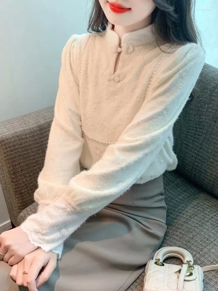 Women`s Blouses Plush Elegant Blouse Women Winter Thick Tops Fashion Stand Collar Vintage Chinese Panbuckle Lace Chiffon Shirt
