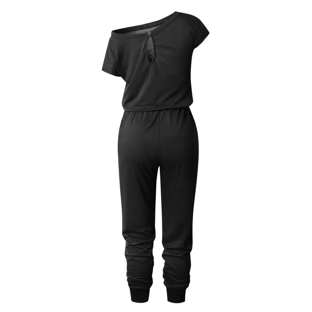 Wontive 2019 Black Fashion Multicolor Oblique Women Temperament Slim Short-sleeved Jumpsuit Female Rompers Bodysuits Playsuits