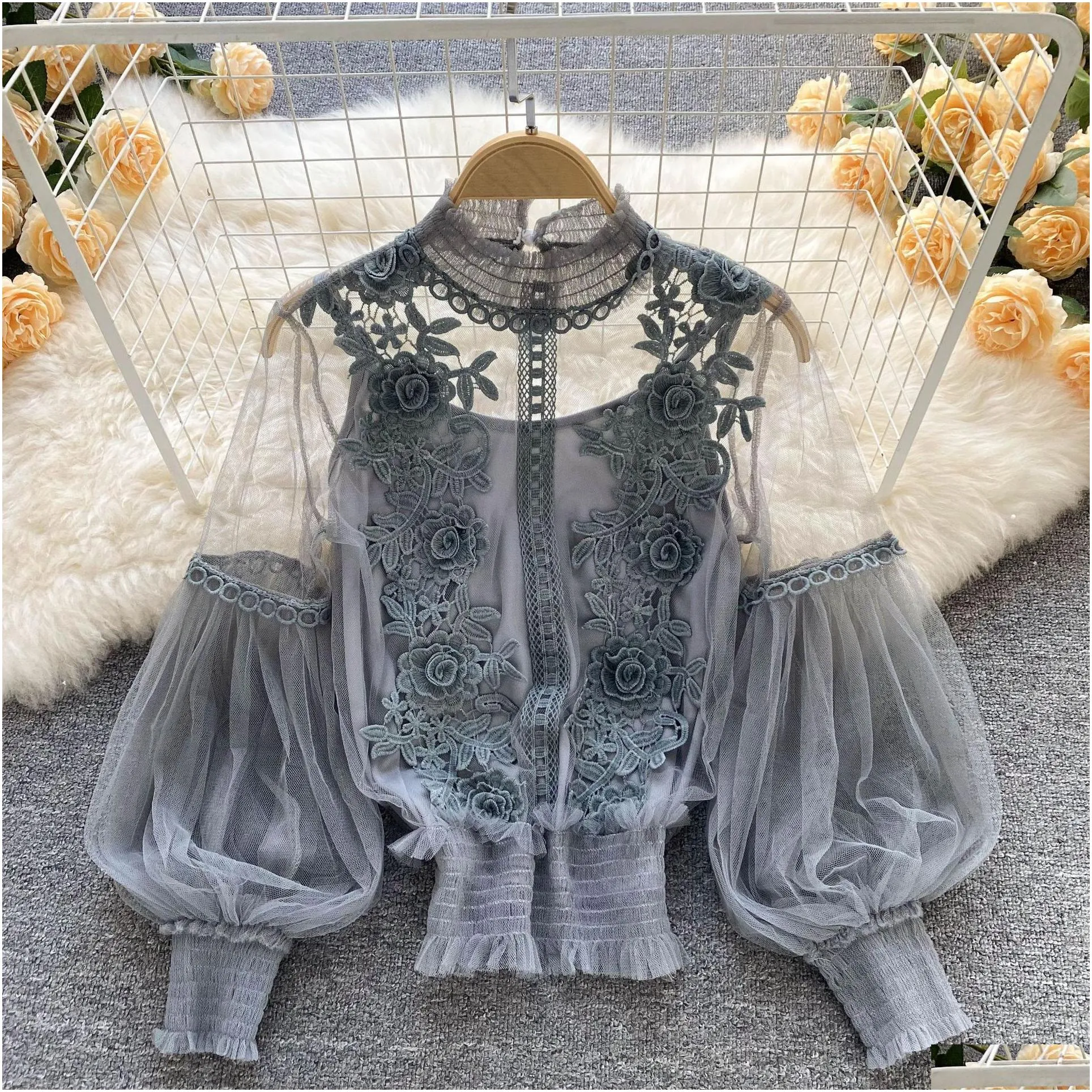Women`S Blouses & Shirts Womens Fashion Women Spring Autumn Long Sleeve Top Perspective Decal Vintage Drop Delivery Apparel Clothing Dh4Lg