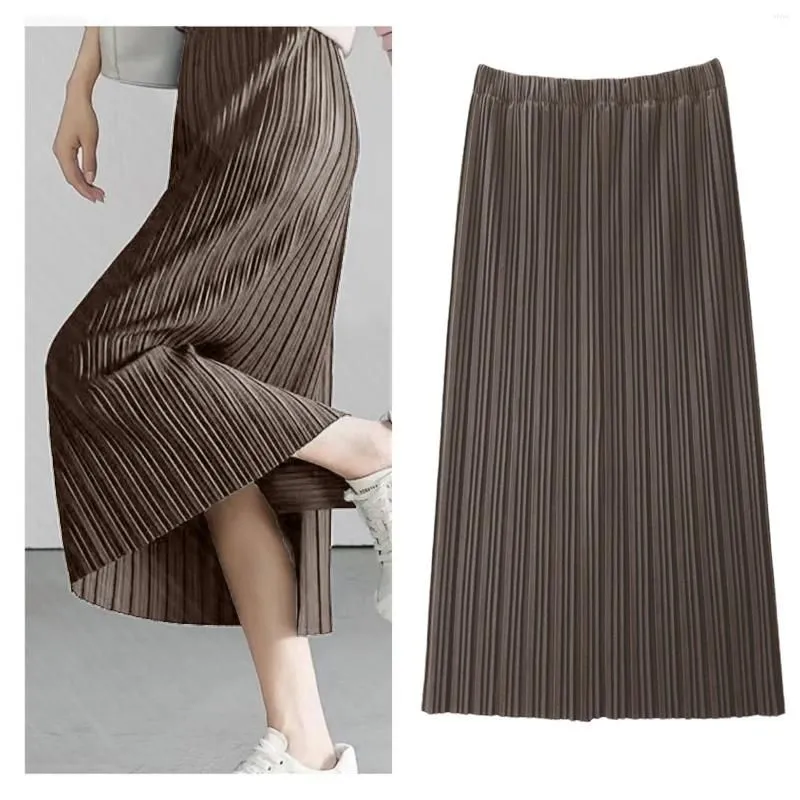 Skirts Women`s Temperament Pit Stripe Pleated Half Body Skirt Solid Colour Casual Long Versatile Slim Package Hip Straight