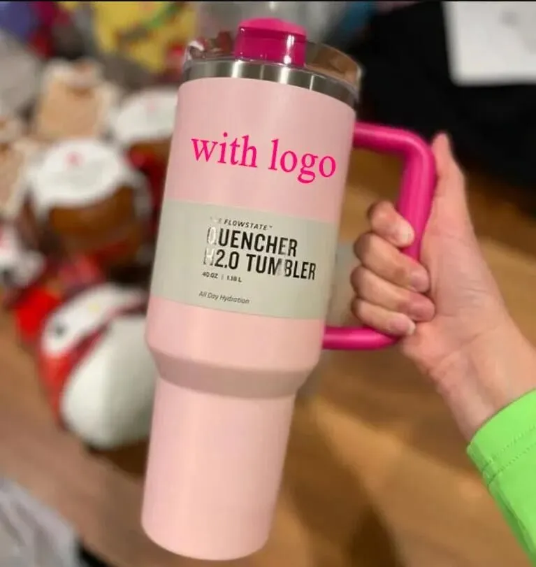 US STOCK 40oz Quencher Tumblers Pink Co-Branded Cosmo Black Chroma Flamingo Stainless Steel Valentines Day Gift Cups with Silicone handle Lid And Straw Car