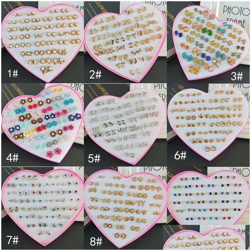 Stud 36 Pairs Fashion Korean Styles Cute Catseye Crystal Alphabet With Heart Jewlery Box Women Girls Sier Gold Earrings Mixed Pair Dr Dhpcz