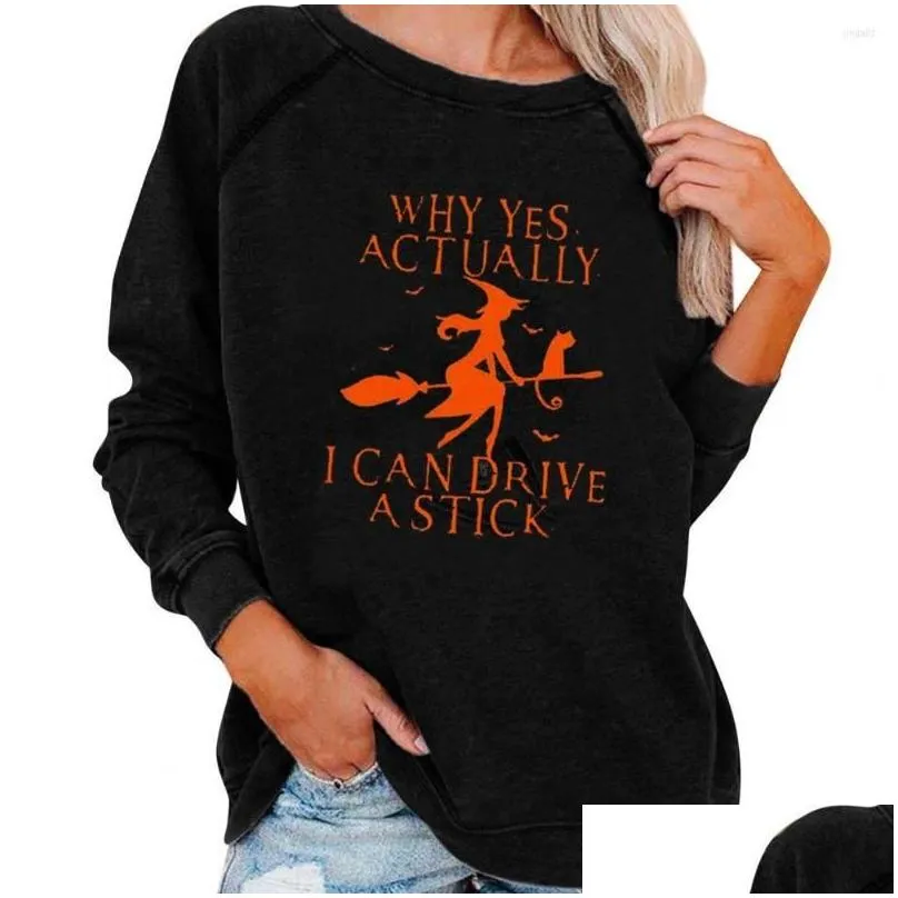 Women`S Hoodies & Sweatshirts Womens Letter Print Witch Cats Pattern Plover Sweatshirt Autumn Winter O-Neck Loose Fit Women Halloween Dhrcm