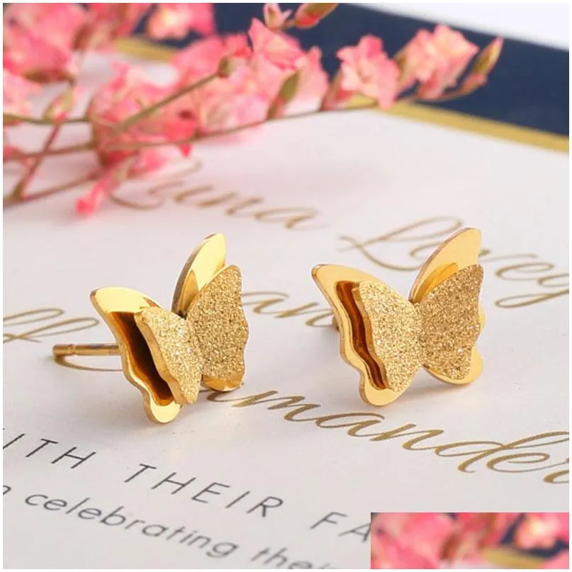 Stud European American Fashion Gold 3D Butterfly Titanium Earring Luxury Designer Stainless Steel Matte Finish Animal Drop Delivery J Dhriu