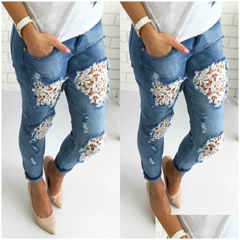 Women`S Jeans Womens Woman Spring Summer Fashions 2021 Plus Size Slim Fitted Ripped Female Casual Skinny Hole Pencil Lace Drop Delive Dhqsr