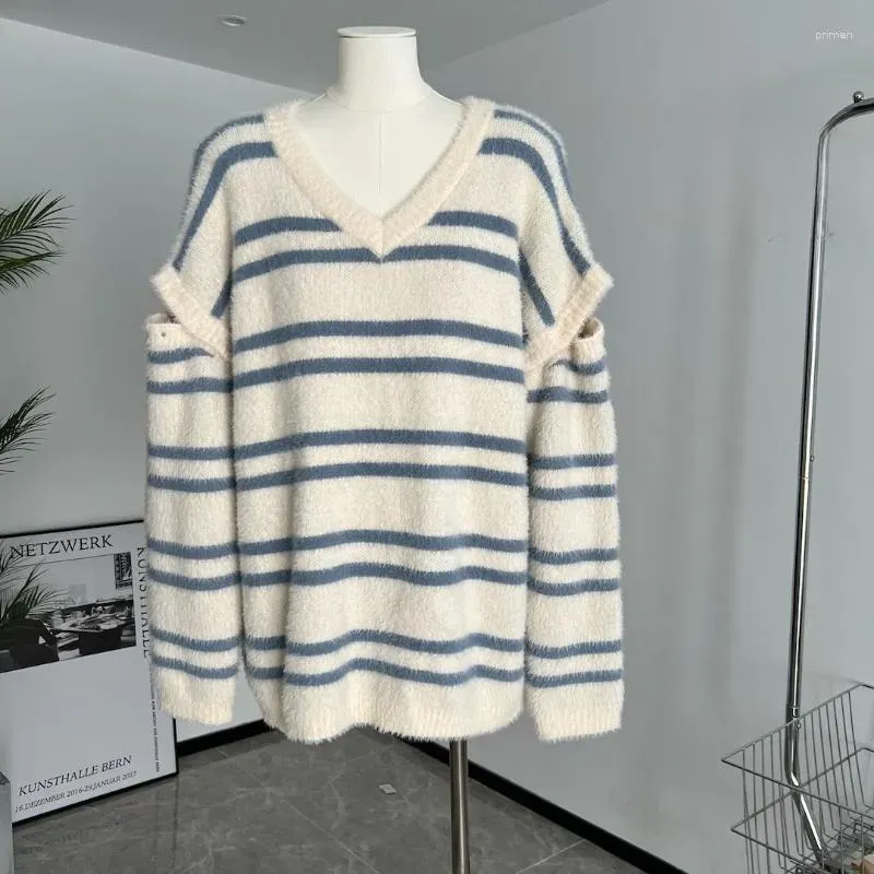Women`s Sweaters EBAIHUI Elegant Sweater Blue White Stripes For Slim Design Ladies Knitwear Spring Versatile Loose Long Sleeve