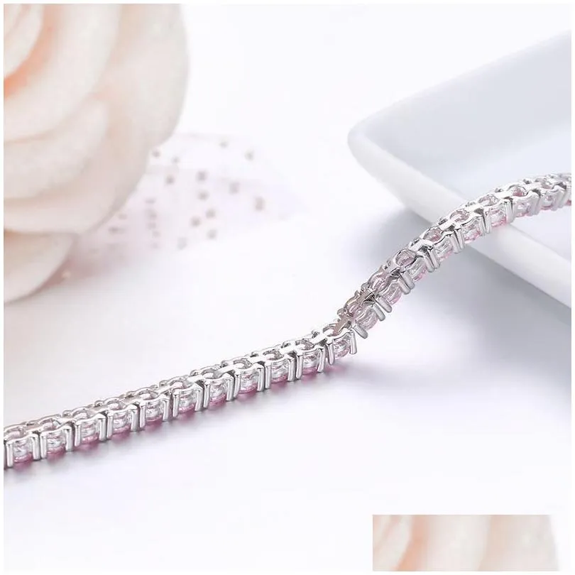 bangle 3mm 925 sterling silver cluster round pink cz ziron tennis bracelets women pulseras pulseira bracelete jewelry girl friend gift