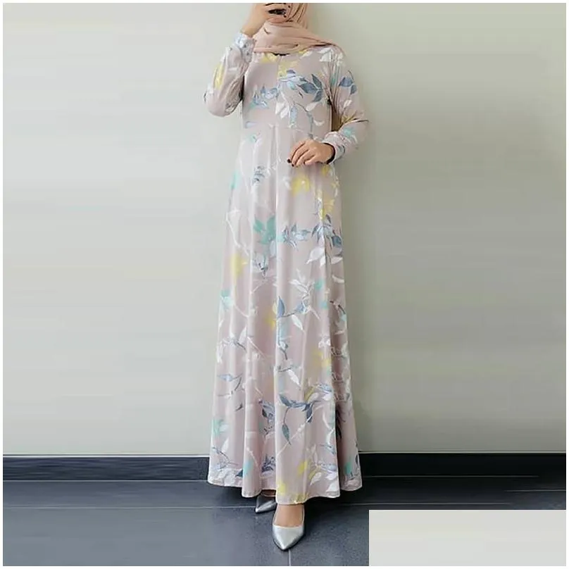 Basic & Casual Dresses Fashion Women Retro Dubai Long Sleeve Floral Printed Hijab Turkey Dress Round Neck Maxi Vestidos Robe Musmang3 Dhseq