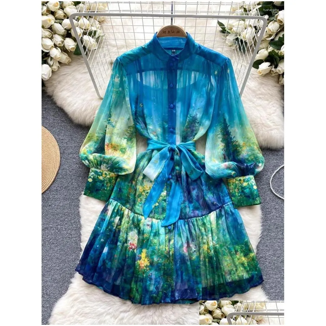 Casual Dresses Foamlina Elegant Spring Summer Floral Print Dress Women Fashion Stand Collar Long Lantern Sleeve Buttons A Line Vintage