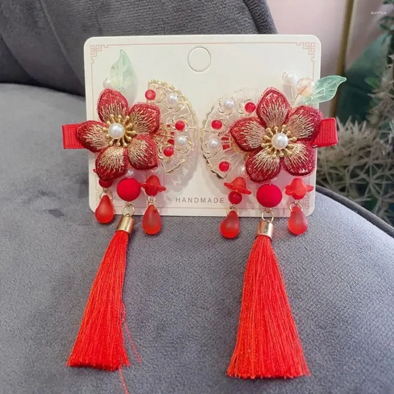 Hair Accessories Girls Hairpins Chinese Style Long Tassel Flower Beads Bow Decor Year Decoration Red Clips