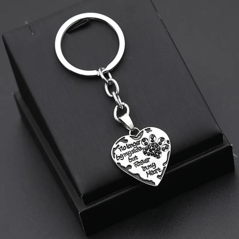 12 Pcs/Lot Key Chain No Longer By My Side But Forever In My Heart Paw Print Heart Keychain Pet Animal Lovers Memorial Friend Key Ring