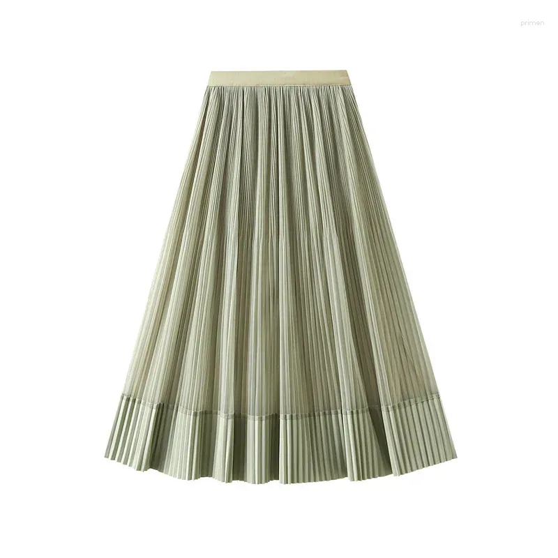 Skirts Women Long Pleated Skirt Summer Spring 2024 Double-sided Design Tulle Female Casual All-match Lady Green