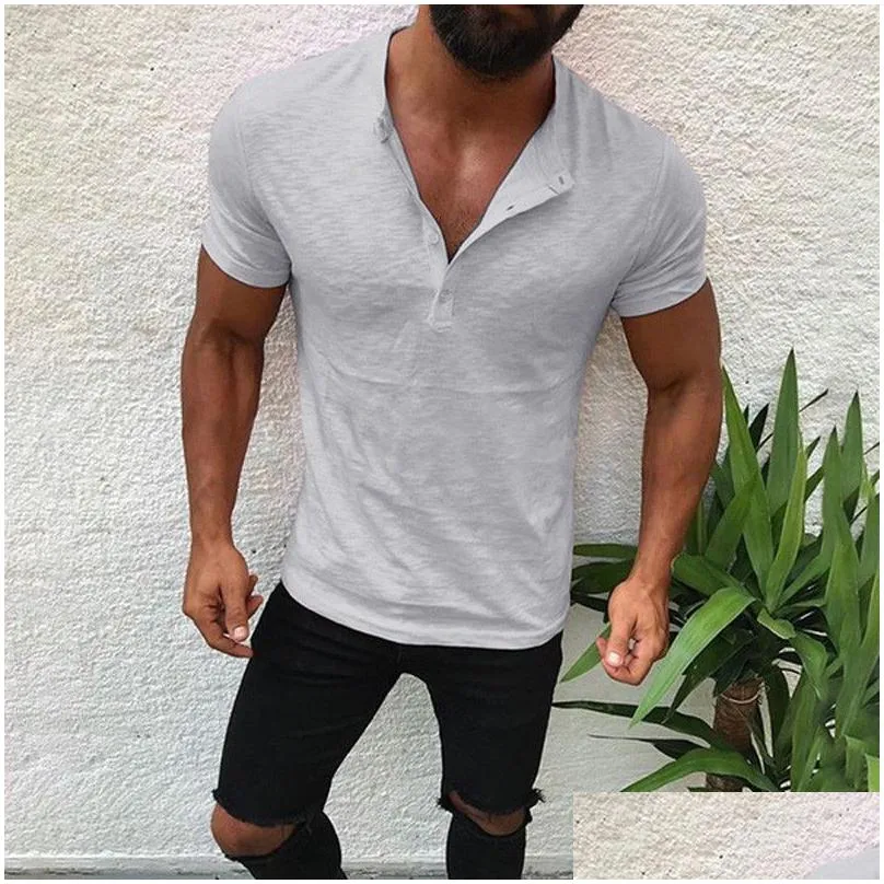 Men`S T-Shirts Mens T Shirts Button Solid Color European And American Casual Fashion Slim V-Neck Short Sleeve T-Shirt Clothes Drop Del Dhuch
