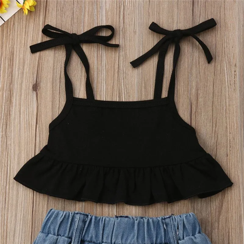 1-6Years Kids Baby Girls Summer Outfits Fashion Party Clothes Sleeveless Black Vest Crop Tops+Fish Net Denim Pants 2Pcs Sets