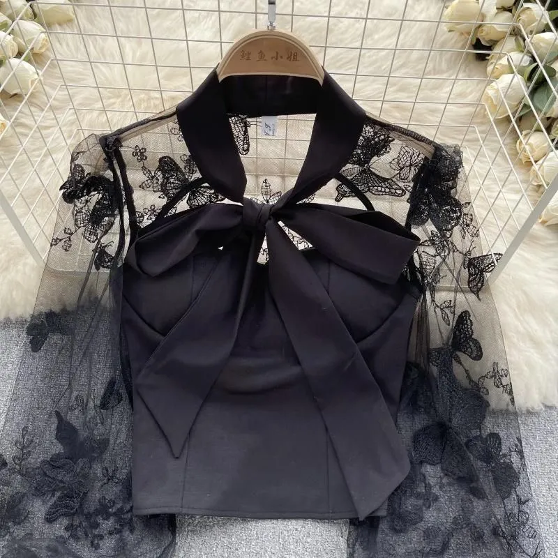 Women`s Blouses Elegant Embroidery Mesh Long Sleeve Blouse Chic Vintage Korean Fashion Crop Top Women Autumn Shirts Gothic Clothing