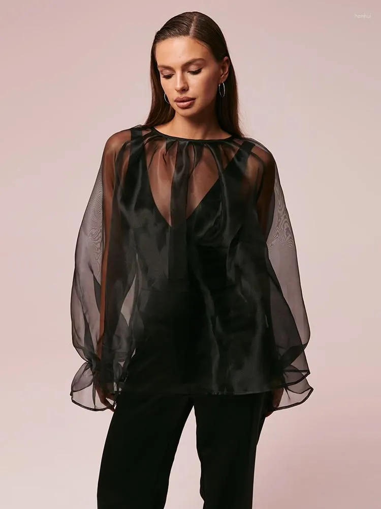 Women`s Blouses Transparent Organza Blouse Women Party Puff Sleeve Tops Autumn See Through Vacation Female Lace-Up Loose