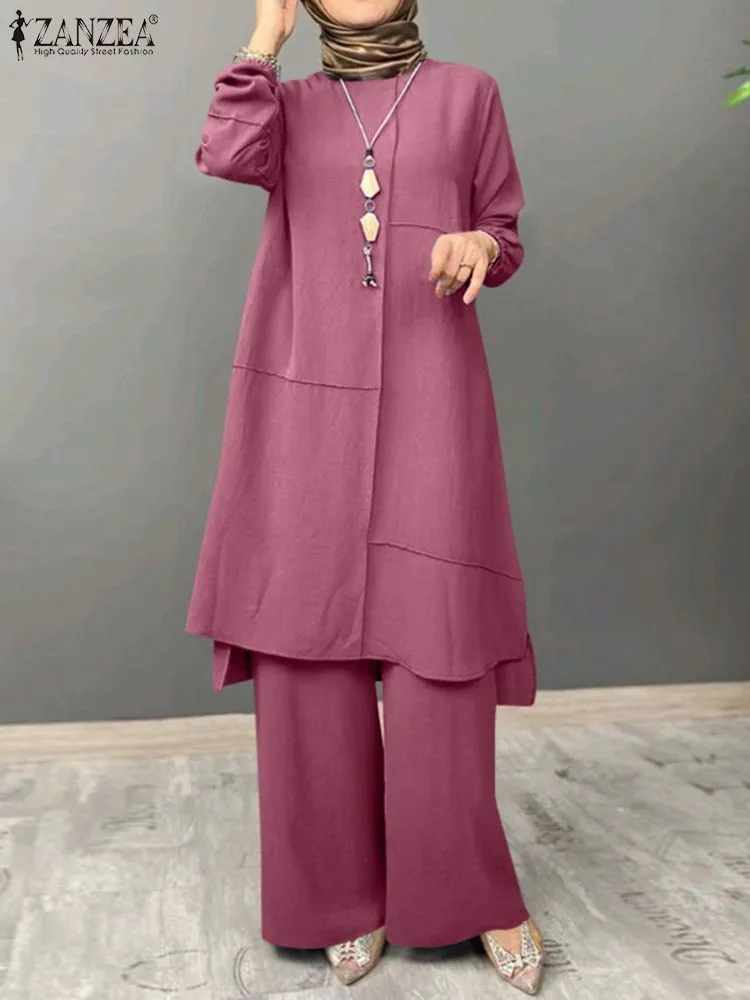 Ethnic Clothing ZANZEA Women Urban Tracksuit Muslim Two Piece Sets Elegant Long Sleeve Blouse Wide Leg Pants Solid Loose Outifits 2PCS Suit