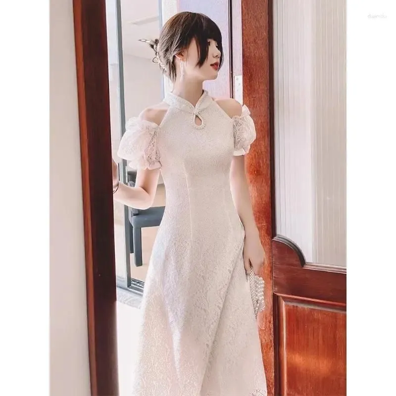 Ethnic Clothing High Quality Off Shoulder Lace Pearl Puff Sleeve Gown Cheongsam Women Sexy Halter Neck Engagement Wedding Party Qipao