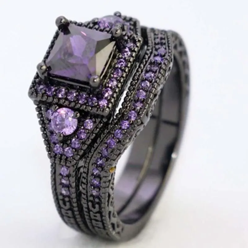 Wedding Rings Creative Fashion Jewelry Princess Cut Purple Zircon Stone Black Filled Ring Set Anniversary4047135