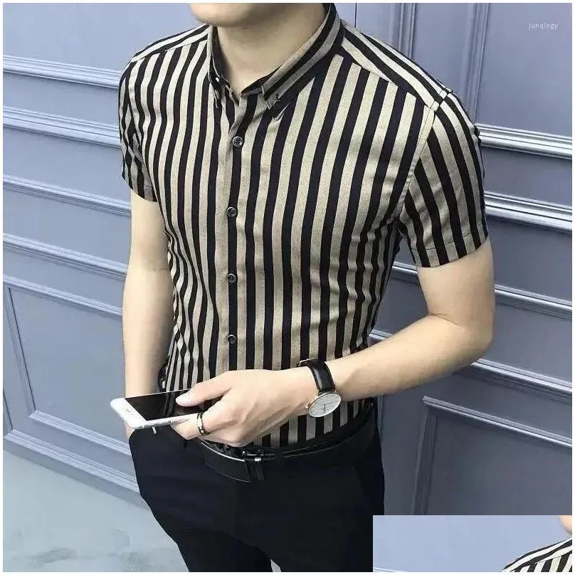 Men`s Dress Shirts And Blouses For Men Business Clothing Short Sleeve Man Tops Striped Muscle Casual With Collar Fashion 2024 Korean Style
