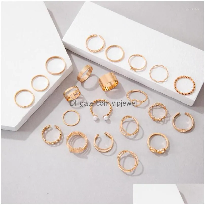 Wedding Rings Ins Trendy Pearl Stone Heart Joint Ring Sets Hollow Geoemtry Cross For Women Jewelry Anillo 22Pcs/Sets 2325 Drop Delive Dhwj8