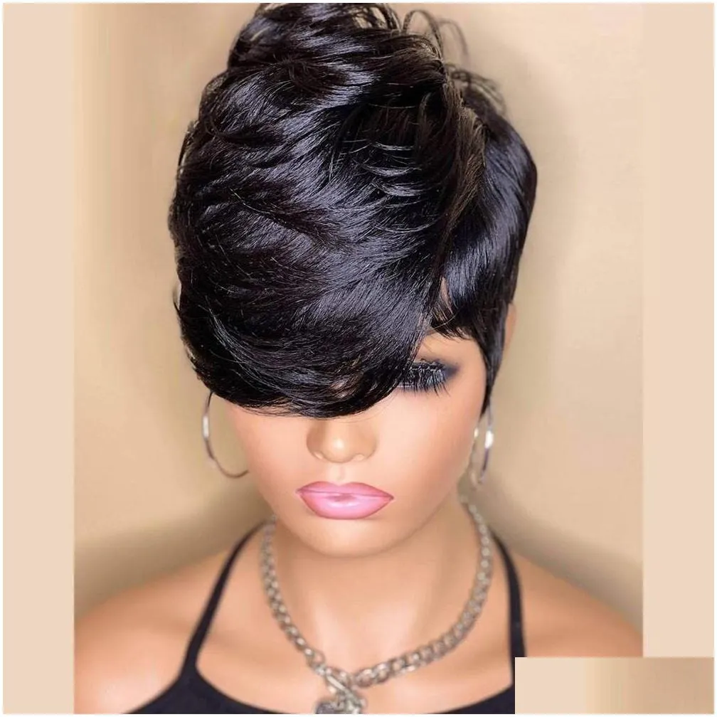 Short Bob Wig Human Hair Pixie Cut Wig for Black Women None Lace Front Wig with Bangs Layered Wavy Full Machine Made Wig 180%density