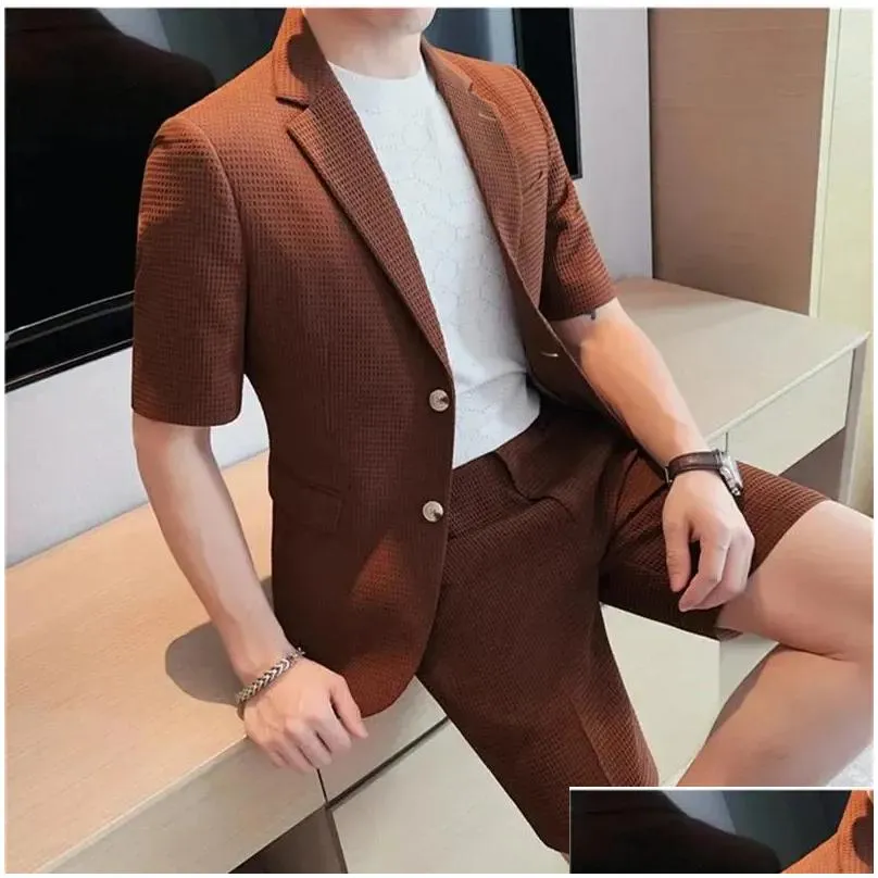 Men`s Suits (Jacket Shorts) Korean Style Men In The Summer Leisure Short Sleeve Suits/Male Design Slim Fit Fashion Blazers S-4XL