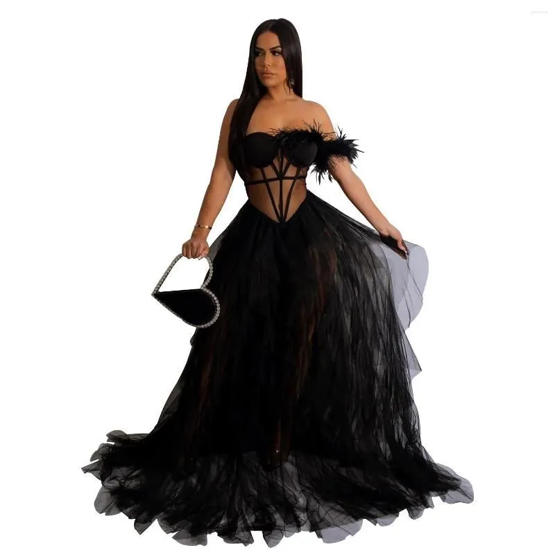 Casual Dresses Sexy Mesh Feather Birthday Party Prom Corset See Through Night Club Wedding Evening Gowns Women Clubwear Long Dress