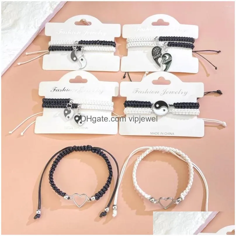 Charm Bracelets 2Pcs Tai Chi Heart Bracelet Set For Couple Men Women Chinese Style Bagua Handwoven Bangle Bff Jewelry Gift 2024 Drop Dhtpg
