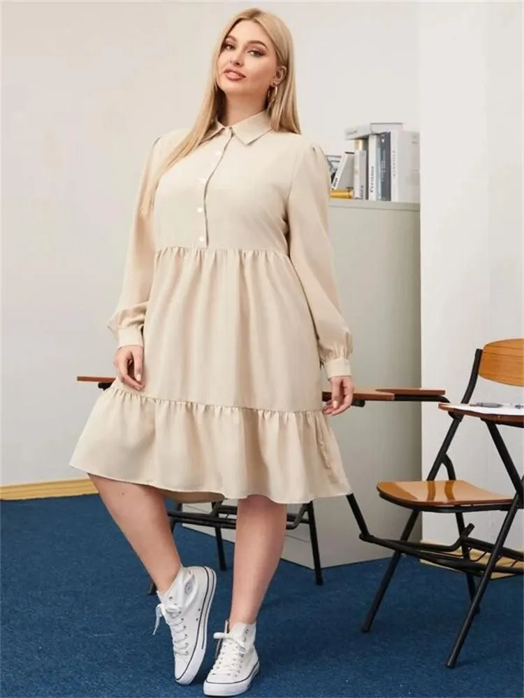 Plus Size Dresses Curve Shirt Dress Women Summer Turn Down Collar Long Sleeve Solid Casual Loose Large Midi DressesPlus