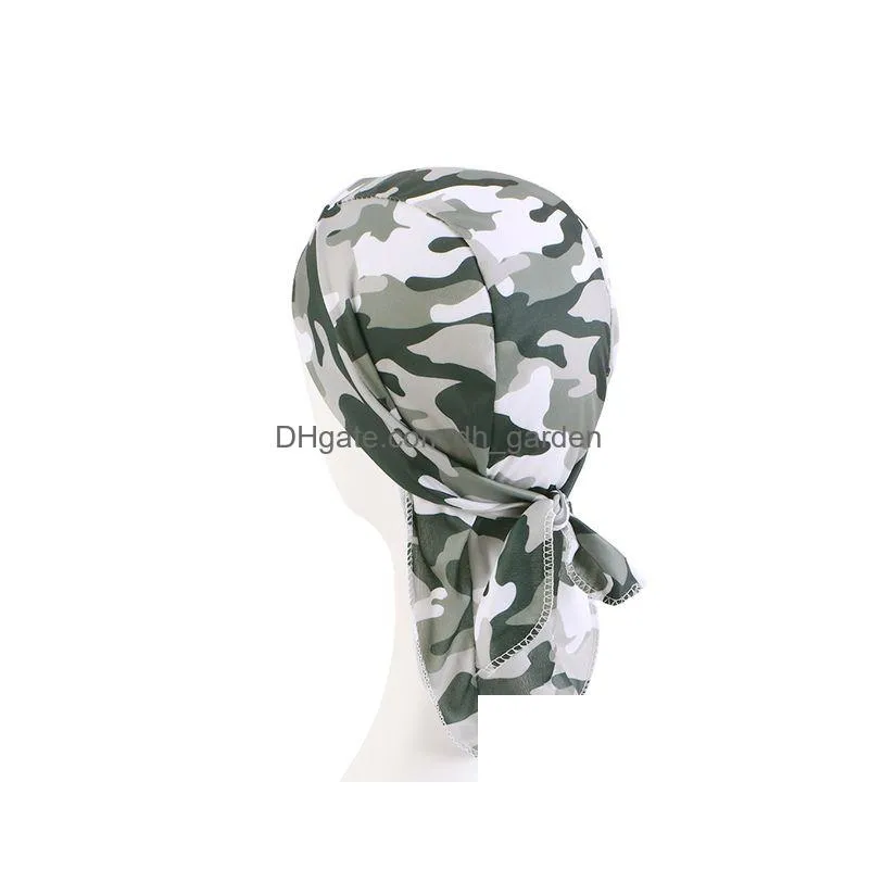 Beanie/Skull Caps New Camouflage Print Silky Durag For Men Bandana Turban Hat Wigs Mens Du-Rag Long Tail Pirate Drop Deliver Dhgarden Dh9Em