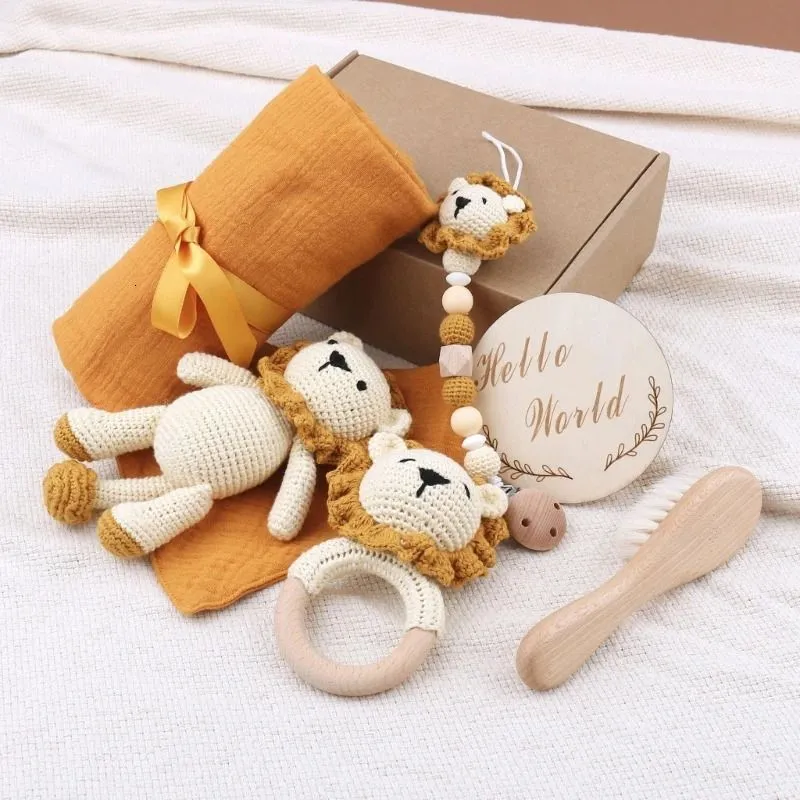 Handmade Crochet Animal Baby Teether Toy Wooden born Koala Stuffed Doll Muslin Blanket Birth Souvenir Gift Box 240226