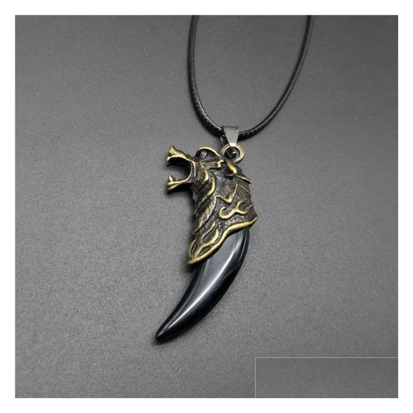 Pendant Necklaces Fashion Mens Vintage Whhite Black Wolf Tooth Alloy Necklace Man Chain Leather Jewelry Wholesale Drop Delivery Pendan Dhzjh