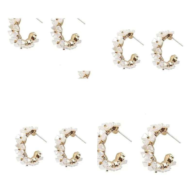 Stud Hoop Earrings 2023 Korean Fashion Jewelry Accessories Wholesale Dainty White Acrylic Shell Pearl Floral Petal Flower For Women P Otgyd