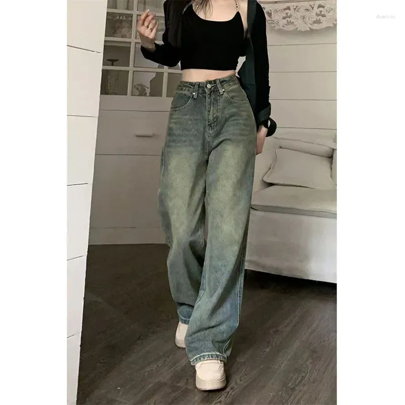 Women`s Jeans Vintage 90S Baggy Straight Denim Trousers Female Y2K High Waist Loose Wide Leg Women Streetwear All-Match Casual Pants