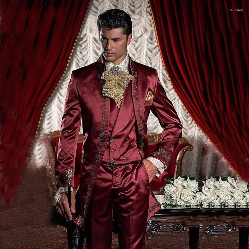 Men`s Suits Wine Red Burgundy Satin Men Suit Stand Collar Vintage Italian Style Formal Tuxedos Wedding For Costume Homme Mariage