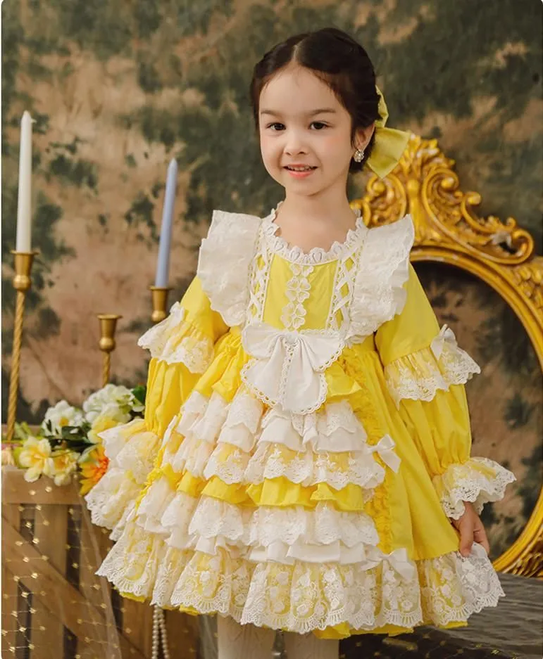 Girl`s Dresses 2021 Baby Girl Lolita Dress Vintage Spanish Kids Yellow Frocks Children Princess Ball Gown Lace Frock Girls Party