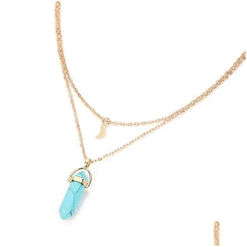 Pendant Necklaces Fashion Natural Gemstone Pendants 18K Gold Necklace Rose Quartz Healing Crystals Double Layer Crescent Jewelry For D Dhqzw