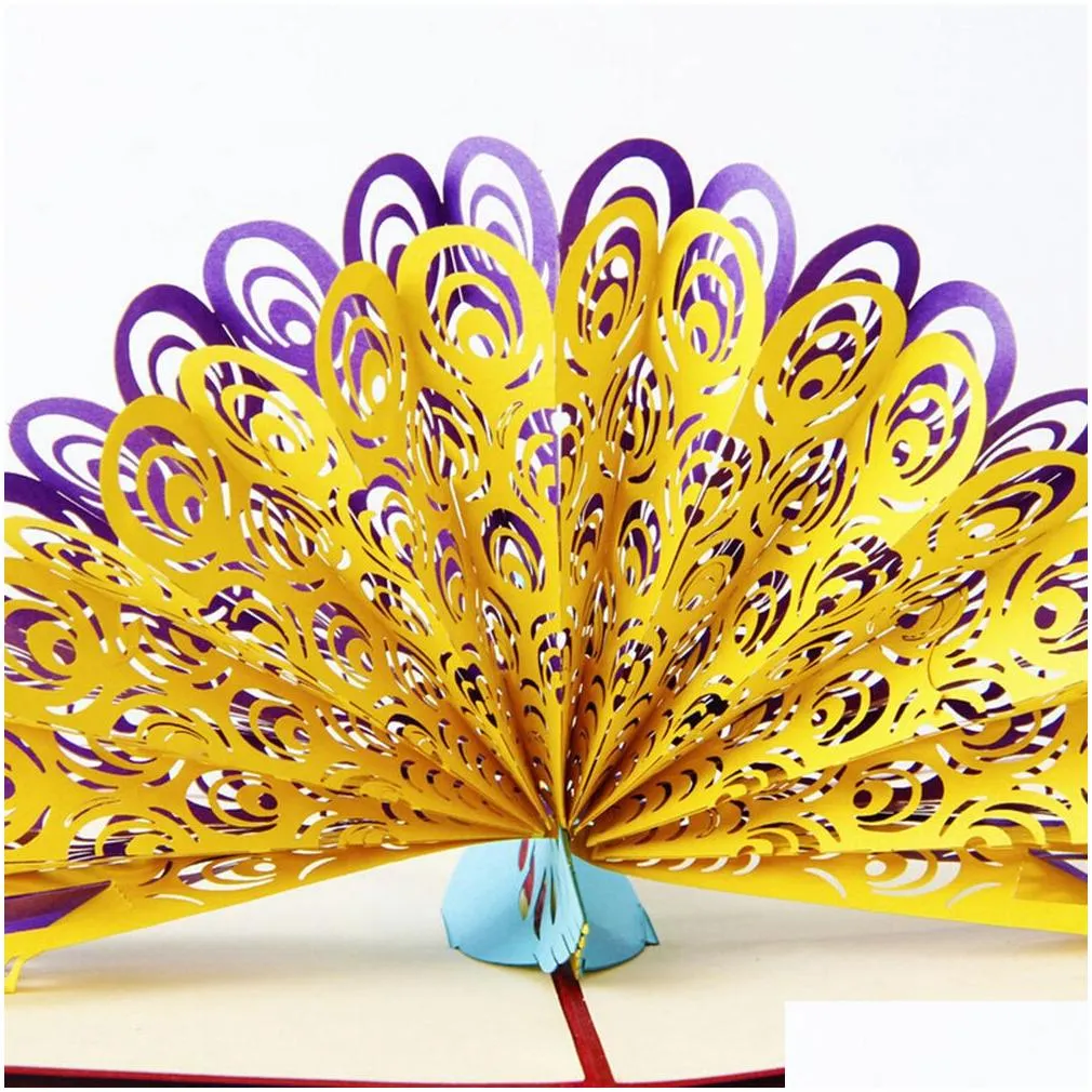 Greeting Cards Vintage 3D  Up Paper Laser Cut Custom Peacock Happy Birthday Postcards For Lover Thank You 10Pc Drop Delivery Home G Dh9Ue