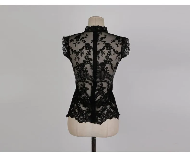 Women`s Blouses & Shirts 2022 Brand Women Fashion Blouse Stand Collar Sleeveless Transparent Lace High Quality Sexy Blusas Rojas Mujer