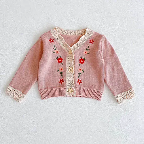 Jackets Toddler Baby Girls Knitting Cardigan Flower Embroidery Autumn Winter Infant Girl Sweater CoatJackets